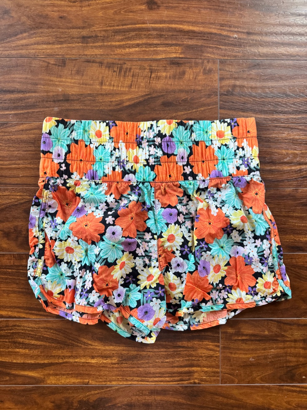 Floral Elastic Waist Shorts - Black with Orange & Teal Flowers